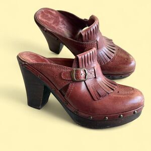Frye Elle Kiltie Brown Leather Platform Mule Clogs Size 8
